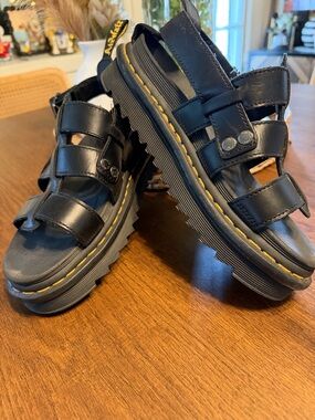 Dr. Martens Black Leather Platform Fisherman Sandals with Yellow Stitching